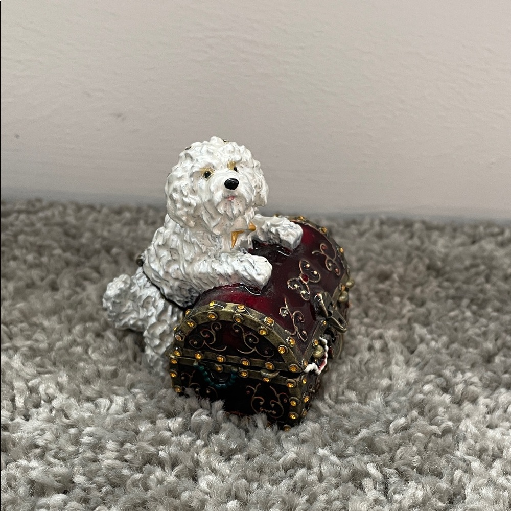 Cute dog on treasure chest enamel heavy cast bejeweled trinket box